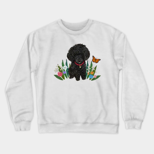 Black Fluffy Poodle Sitting on Grass with Flowers Crewneck Sweatshirt by Dogs Galore and More